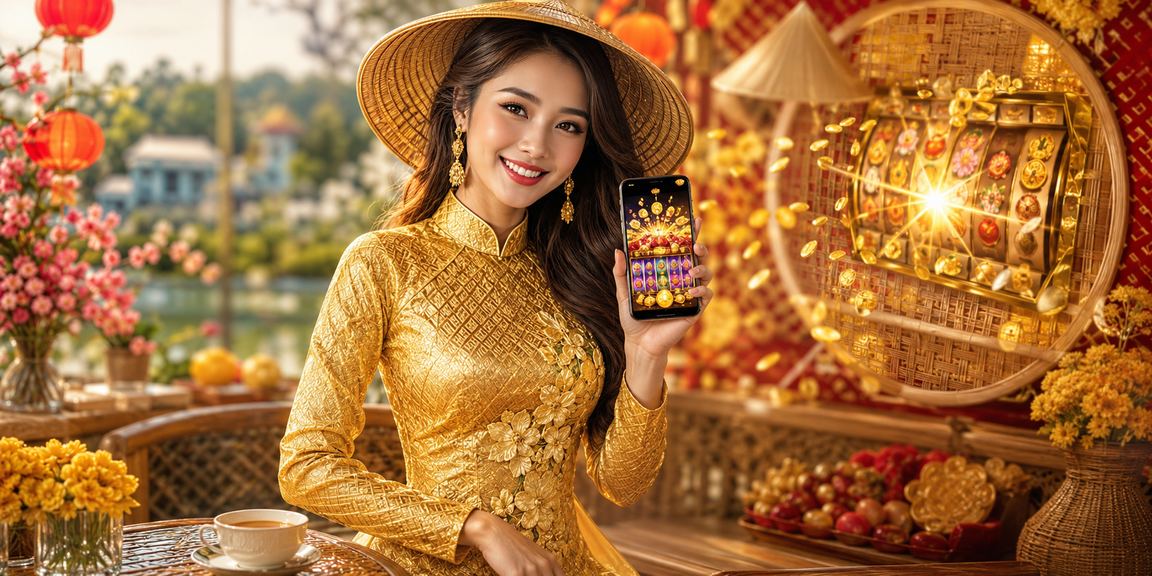 Cô gái mặc áo dài tại Đà Lạt thử nghiệm slot game và xem kèo trên máy tính bảng